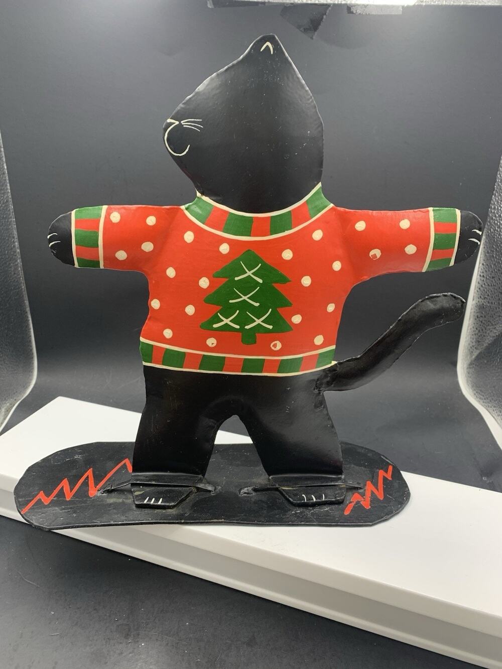 VTG Foreside Metal Black Cat on a Snowboard Christmas Sweater Figurine 10"